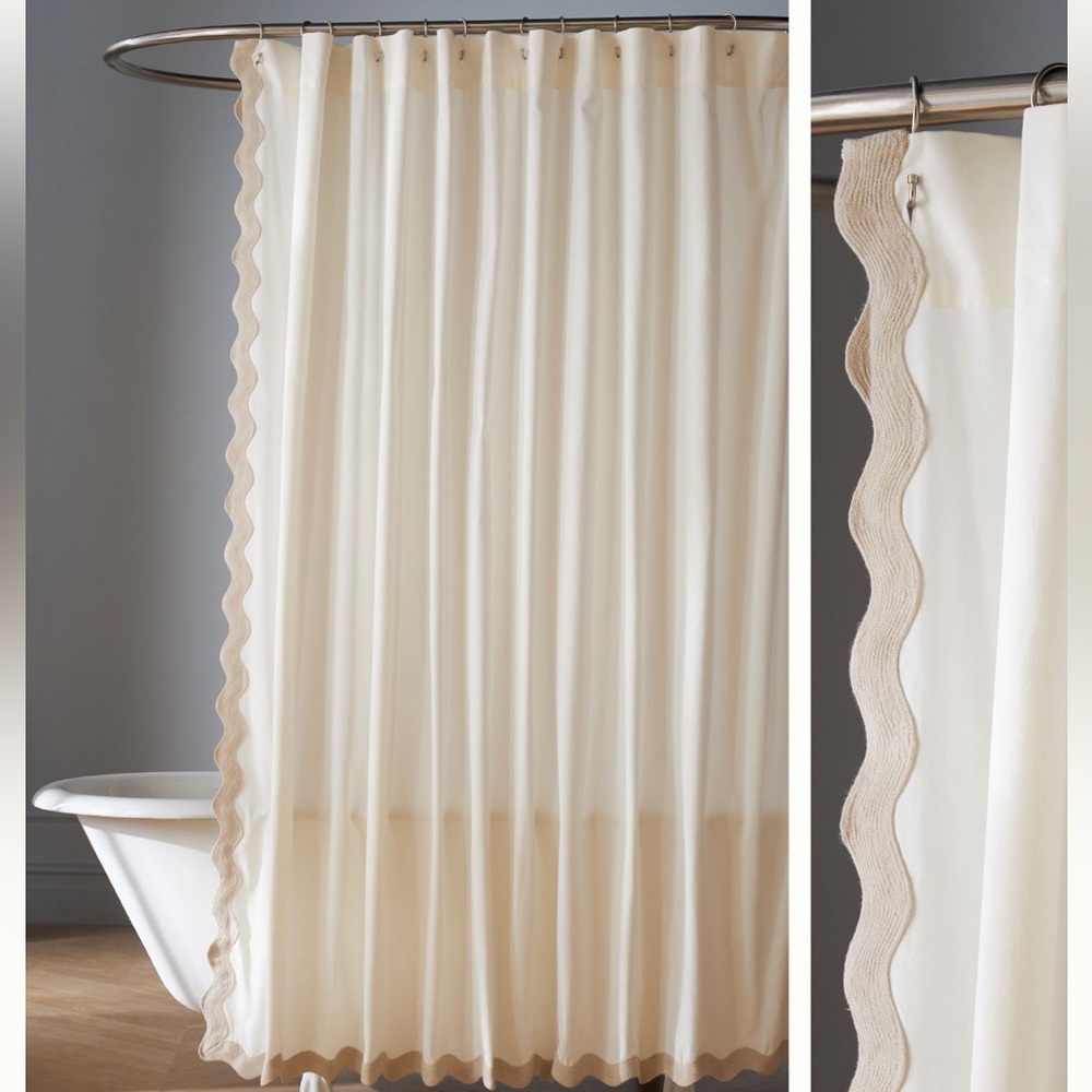 Anthropologie Cream Shower Curtain with Tan Trim